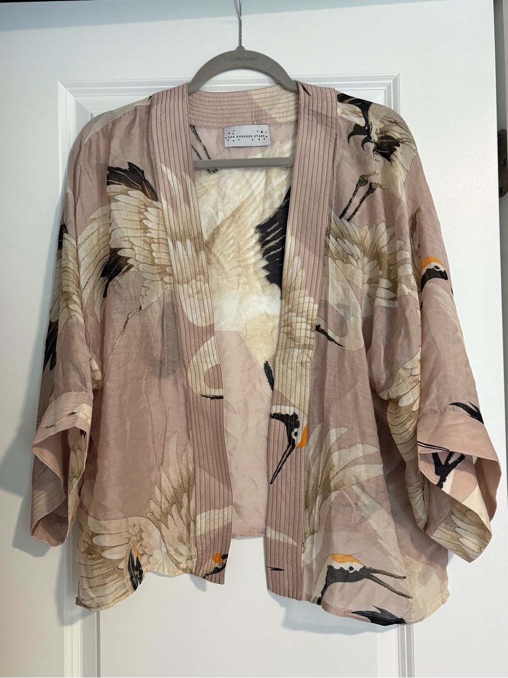 One Hundred Stars Stork Plaster Pink Kimono Jacket One Size Art Deco Crane Print